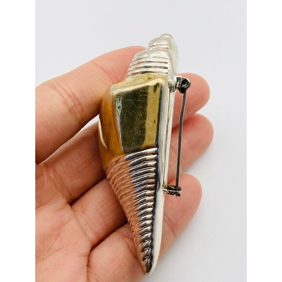 Signed handmade artisan 925 sterling silver gold plated shell brooch - Picture 5 of 10